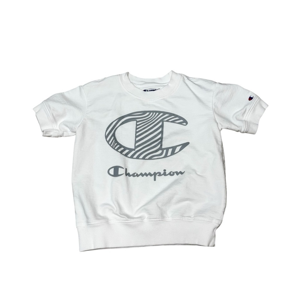 Champion Kids Size 6 Short Sleeve Pullover Sweater Top Graphic Print Thick White